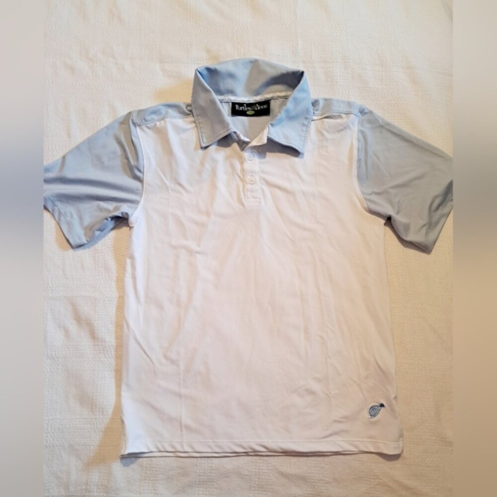 Turtles & Tees boys size L 10/12 blue & white polo golf shirt